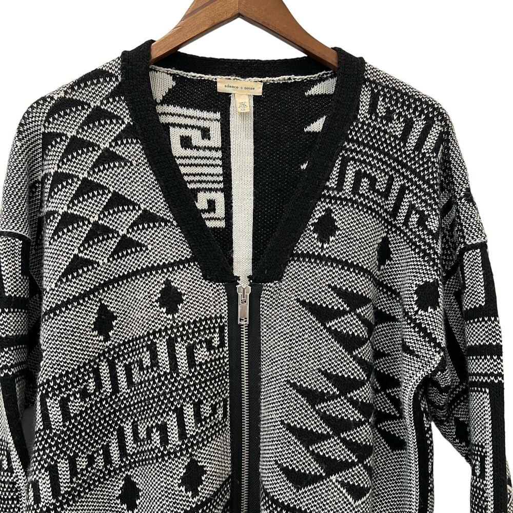 Silence + Noise Zip Front Cardigan Sweater Black White Size XS - Picture 2 of 11